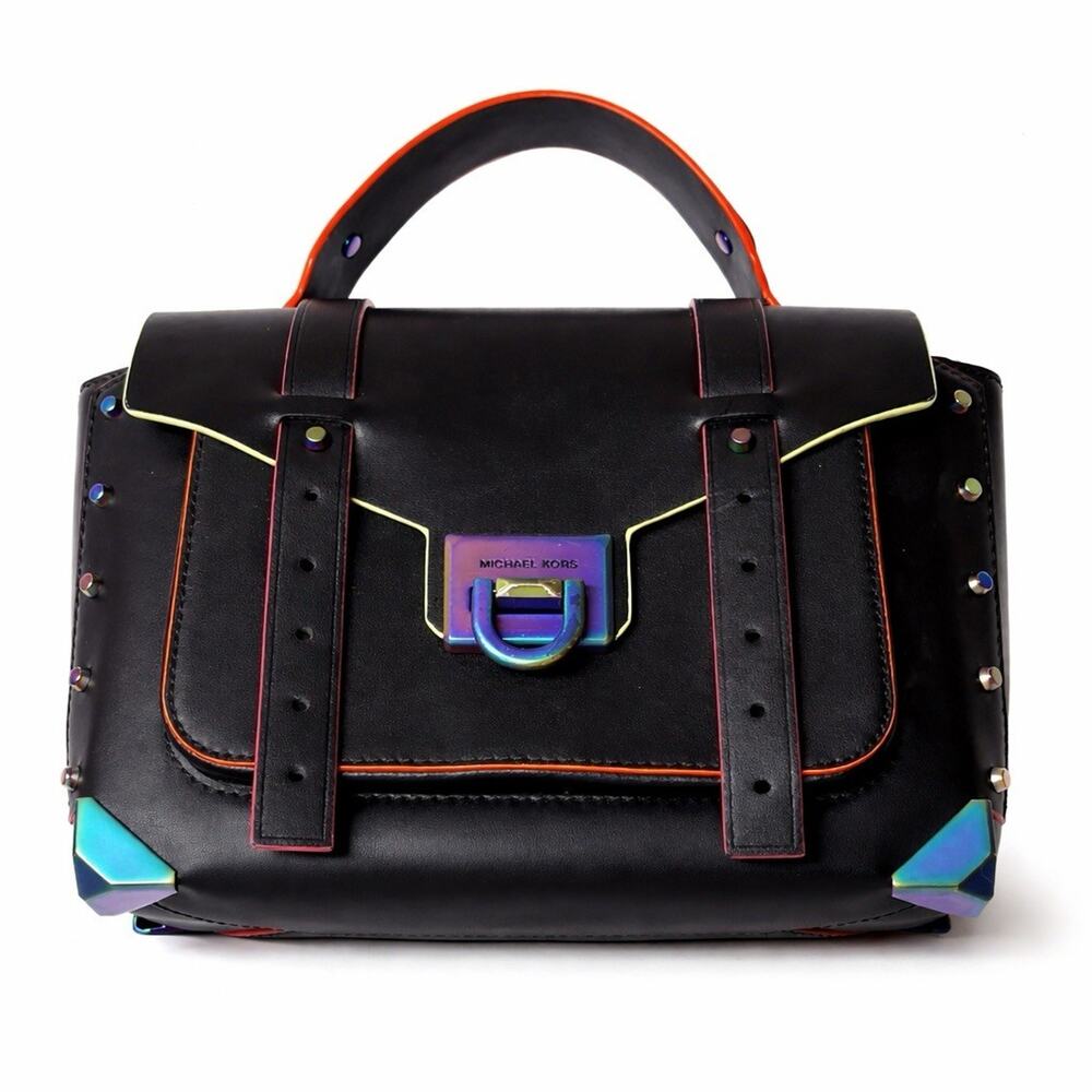 Michael Kors Manhattan Black Medium Leather Unique Satchel Neon Colors Crossbody